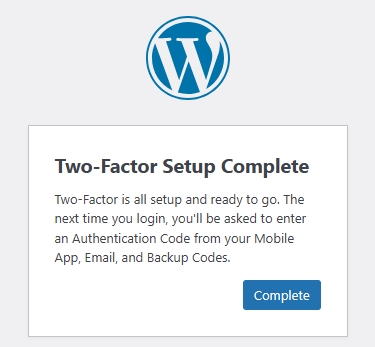 Two Factor completed screen