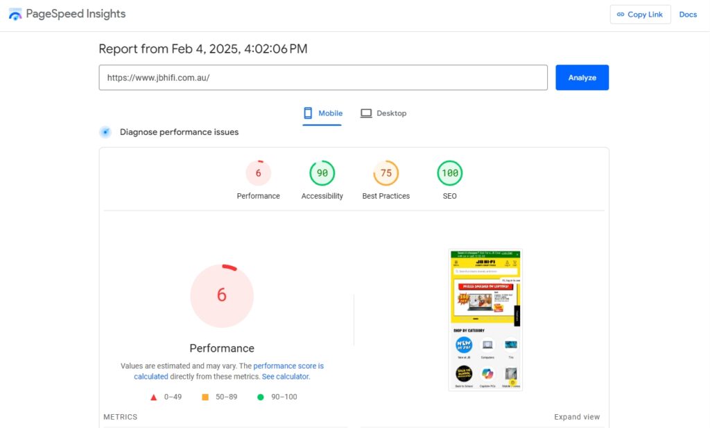 JB Hifi's PageSpeed score.... Yikes! They only have a Mobile Performance score of 6